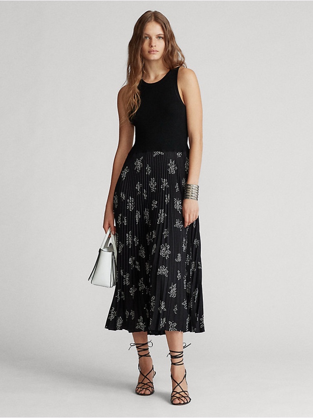 Polo Ralph Lauren Hys Pleated Midi Dress Ribbed Floral Black Size 4 Classic